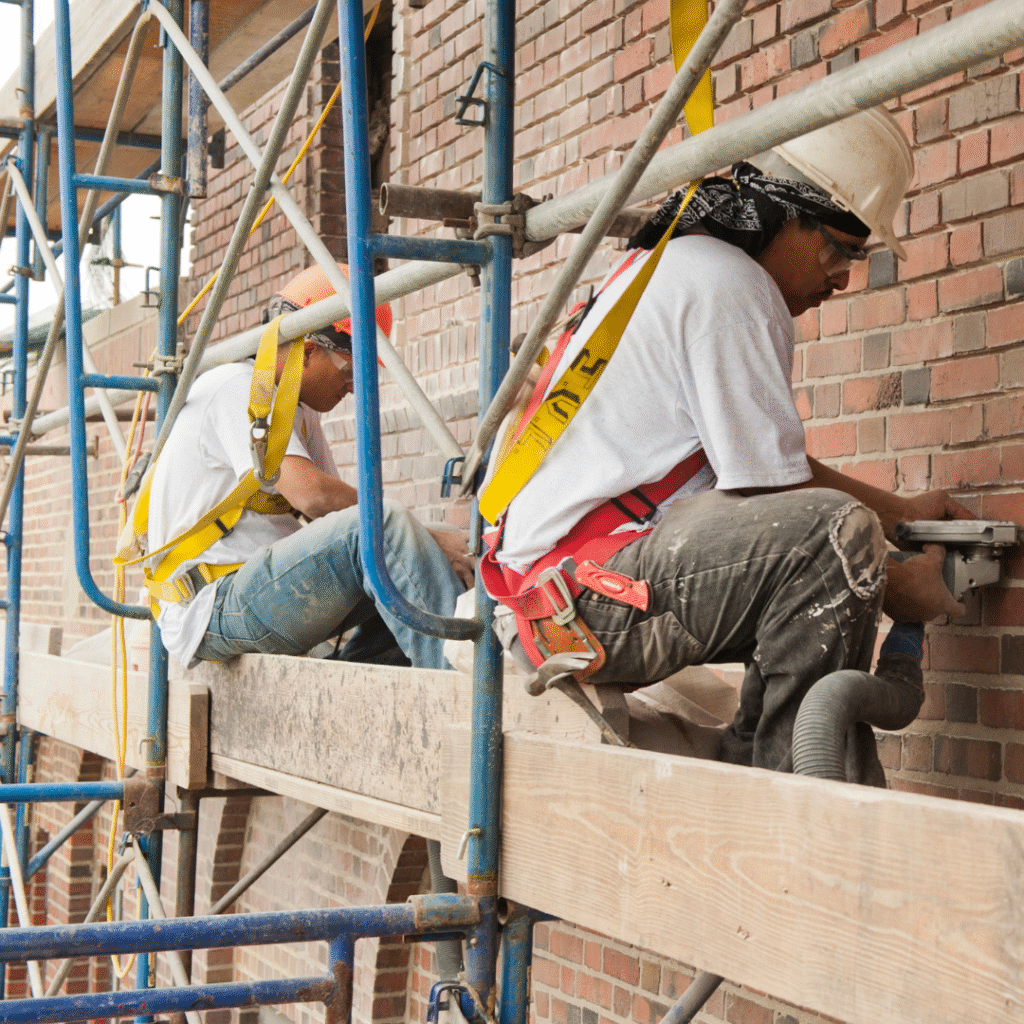 Commercial waterproofing crew repairing brick façade on scaffolding